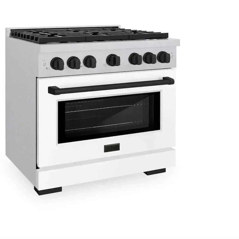 ZLINE 36"Gas Range, Convection Gas Oven, DuraSnow® White Matte, Matte Black SGRSZ-WM-36-MB by Farmhouse Kitchen and Bath