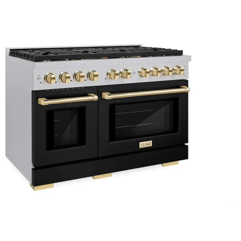 ZLINE 48"Gas Range, Convection Gas Oven, DuraSnow® Black Matte, Gold SGRSZ-BLM-48-G by Farmhouse Kitchen and Bath