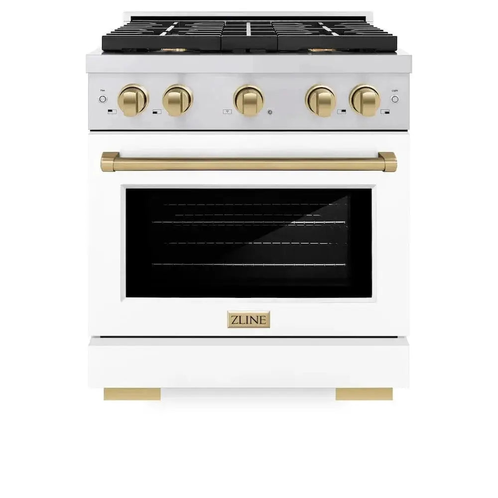 ZLINE 30"Paramount Dual Fuel Range White Matte Champagne Bronze SDRZ-WM-30-CB by Farmhouse Kitchen and Bath