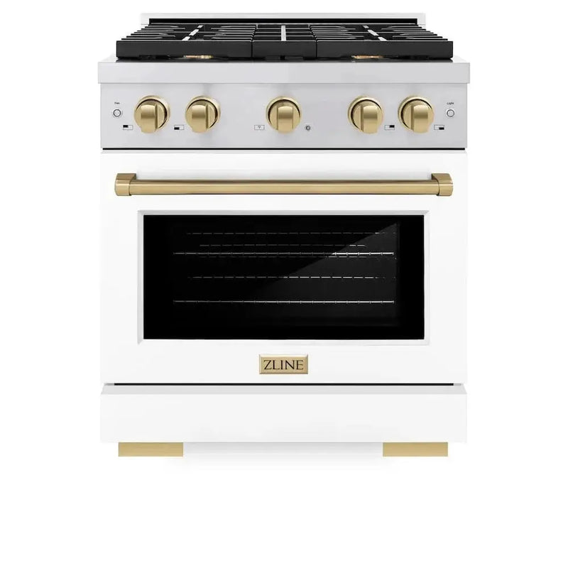 ZLINE 30"Paramount Dual Fuel Range White Matte Champagne Bronze SDRZ-WM-30-CB by Farmhouse Kitchen and Bath