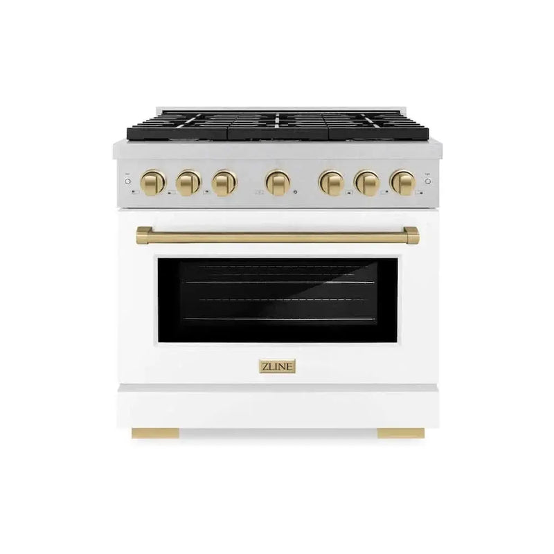ZLINE 36"Gas Range, Convection Gas Oven, DuraSnow® White Matte, Champagne Bronze SGRSZ-WM-36-CB by Farmhouse Kitchen and Bath