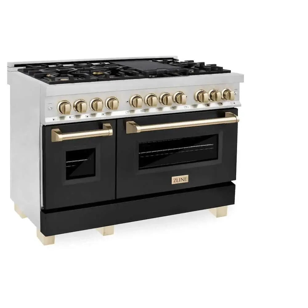 ZLINE 48" Autograph Dual Fuel Range, Black, Gold, RAZ-BLM-48-G by Farmhouse Kitchen and Bath
