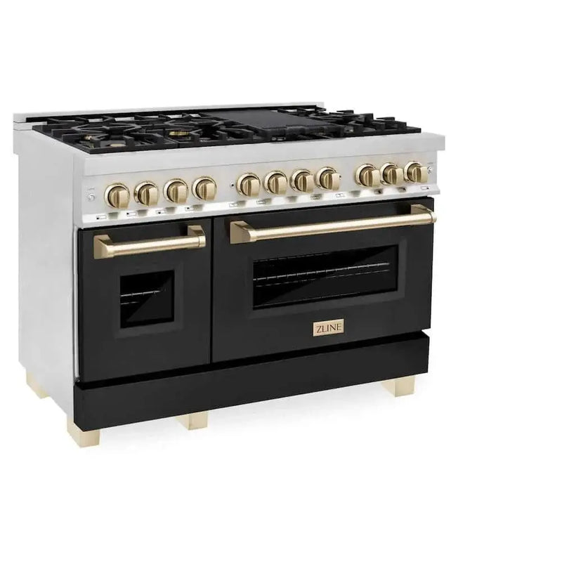 ZLINE 48" Autograph Dual Fuel Range, Black, Gold, RAZ-BLM-48-G by Farmhouse Kitchen and Bath