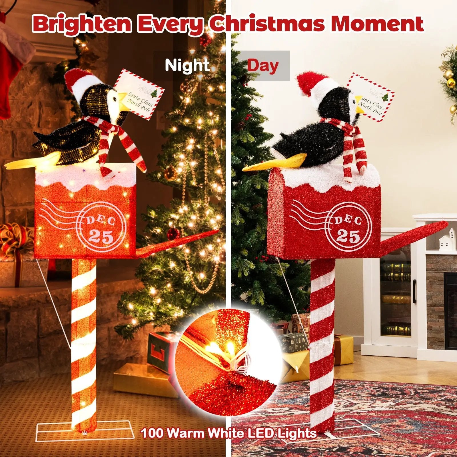 4.8 FT Christmas Lighted Penguin on Mailbox Pre-lit Xmas Decoration with 100 LED Warm White Lights by DirectDeals