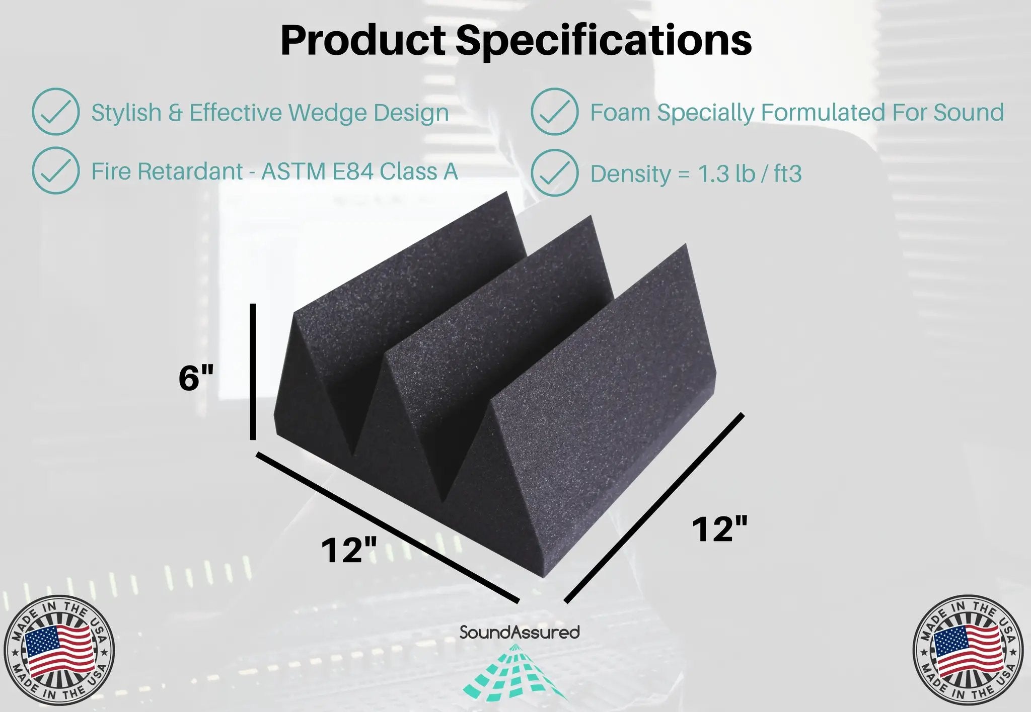 Six Inch Acoustic Foam Wedge Panels - 12x12x6" by SoundAssured