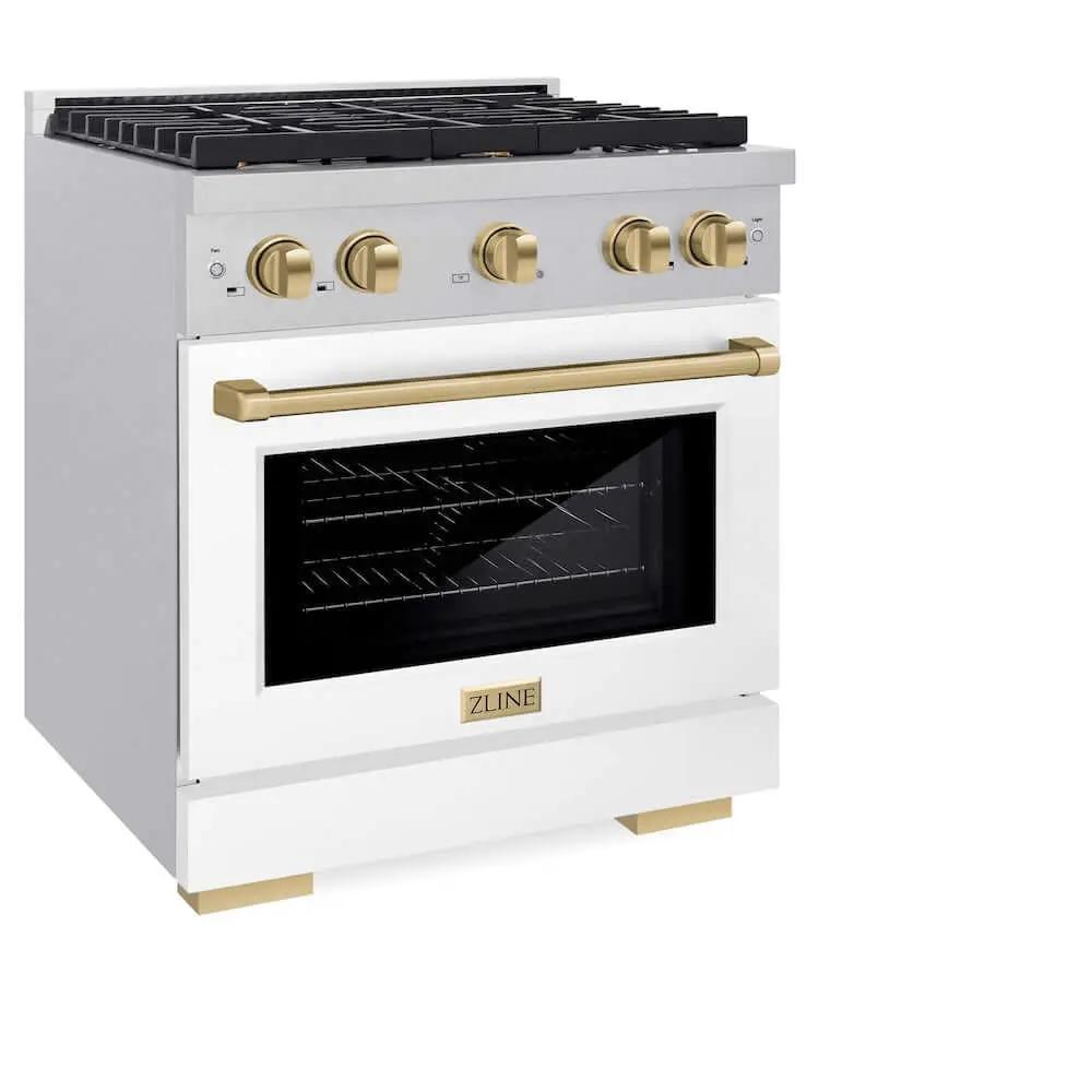 ZLINE 30"Gas Range, Convection Gas Oven, DuraSnow® White Matte, Champagne Bronze SGRSZ-WM-30-CB by Farmhouse Kitchen and Bath