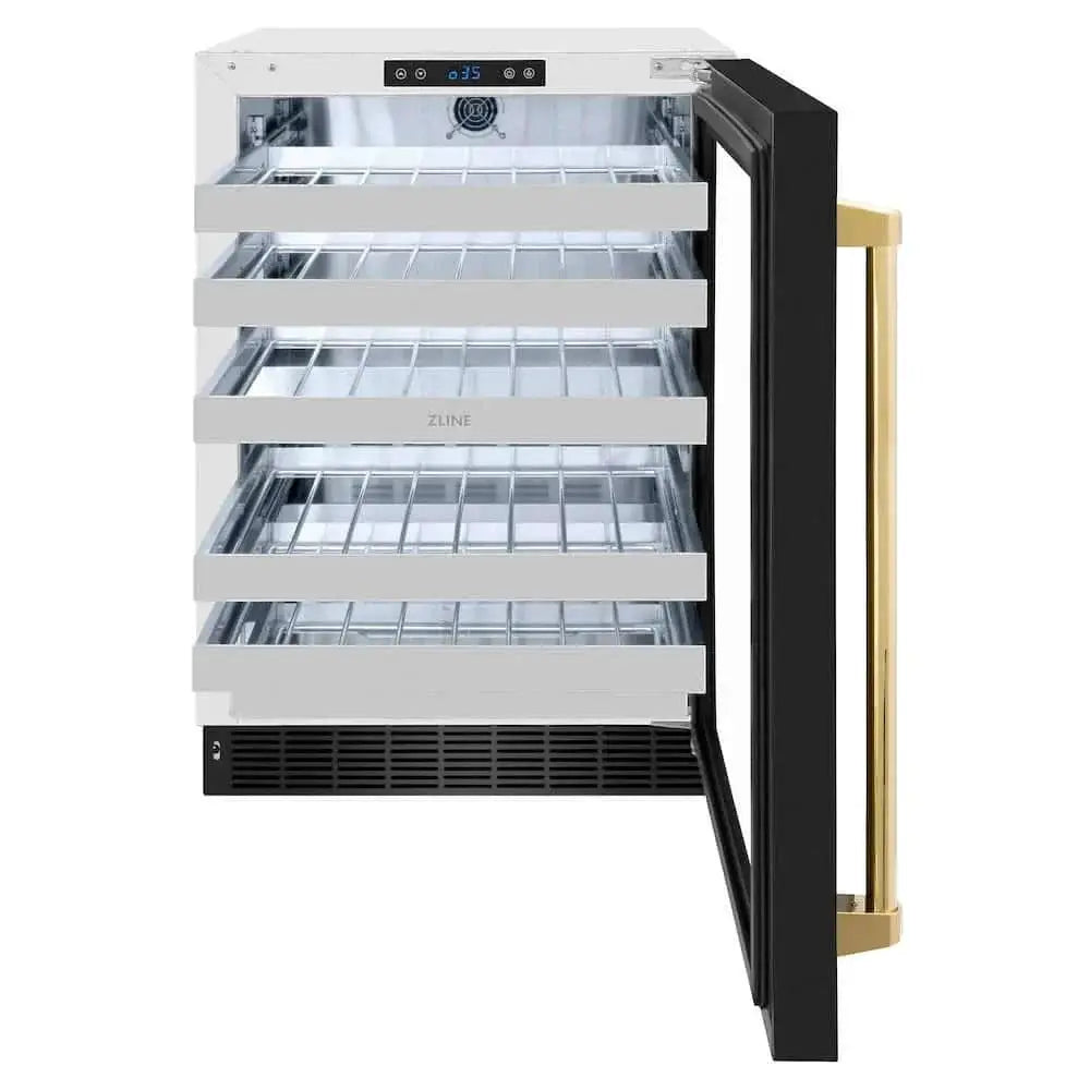 ZLINE 24" Touchstone Dual Zone 44 Bottle Wine Cooler Black Stainless Steel Glass Door Polished Gold Handle RWDOZ-BS-24-G by Farmhouse Kitchen and Bath