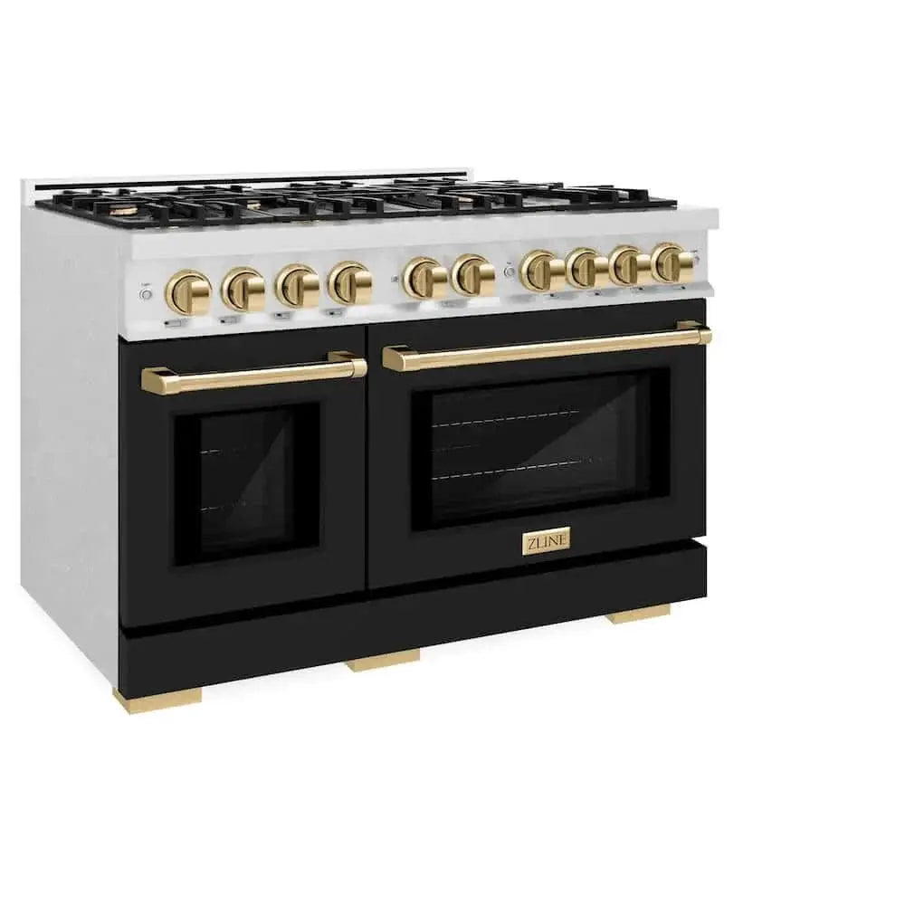 ZLINE 48" Select Dual Fuel Range Gas Cooktop Electric Convection Oven DuraSnow® Stainless Steel Black Matte Door Gold HDRSZ-BLM-48-G by Farmhouse Kitchen and Bath