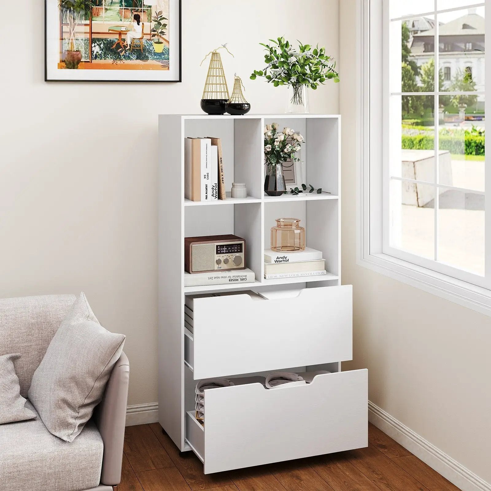 4-Cube Bookcase with 2 Drawers 51 inch 5-Tier Tall Freestanding Bookshelf by DirectDeals