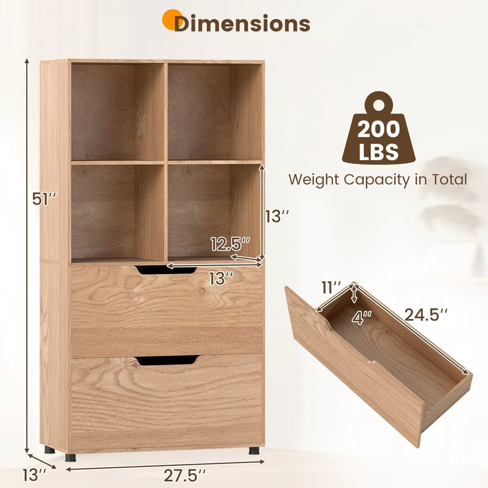 4-Cube Bookcase with 2 Drawers 51 inch 5-Tier Tall Freestanding Bookshelf by DirectDeals