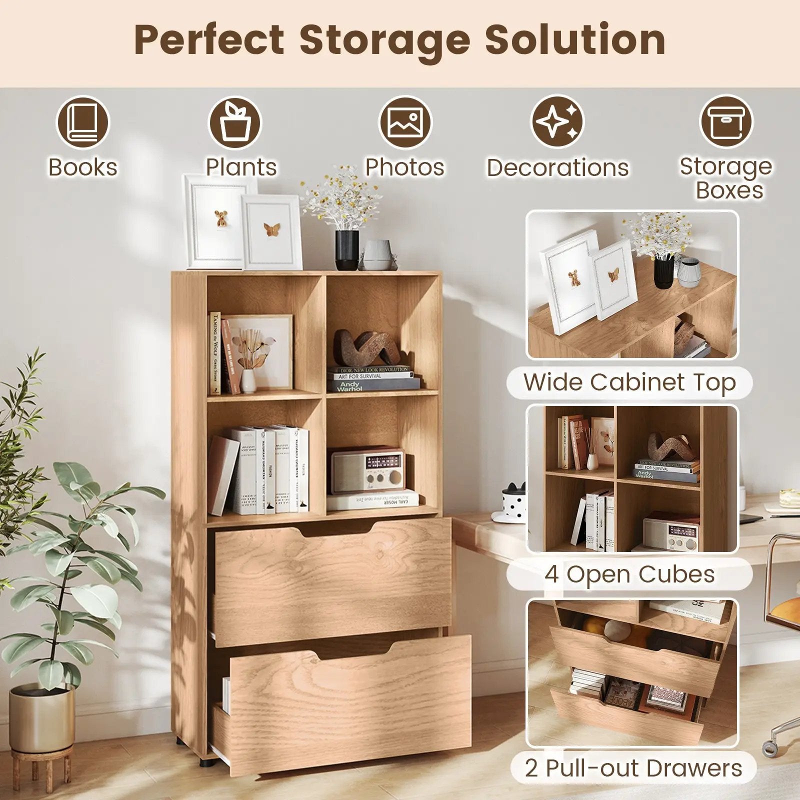 4-Cube Bookcase with 2 Drawers 51 inch 5-Tier Tall Freestanding Bookshelf by DirectDeals