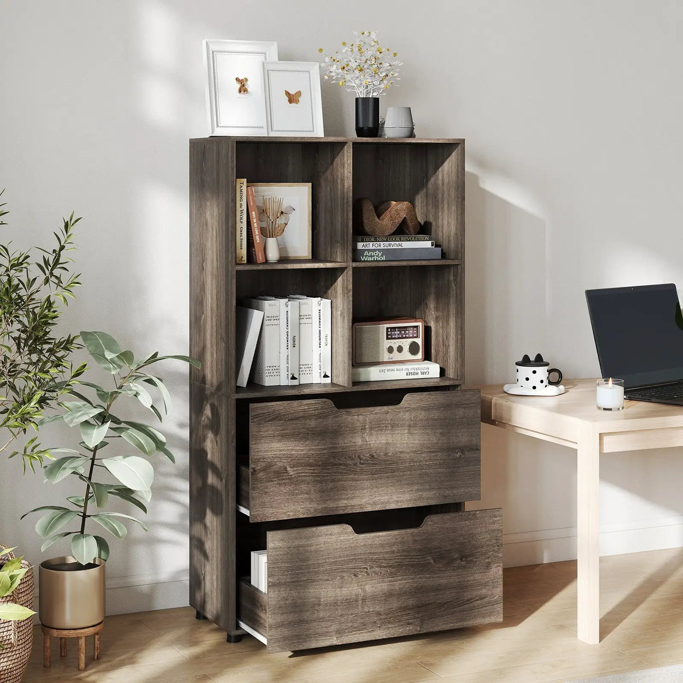 4-Cube Bookcase with 2 Drawers 51 inch 5-Tier Tall Freestanding Bookshelf by DirectDeals