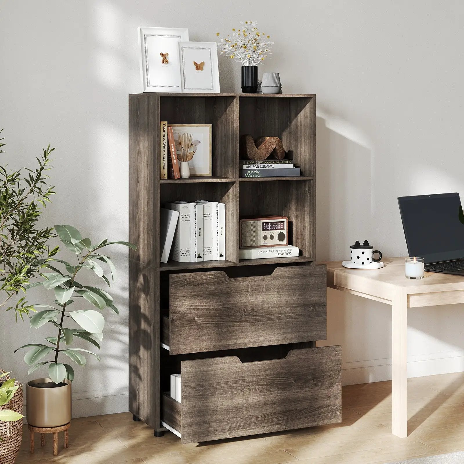 4-Cube Bookcase with 2 Drawers 51 inch 5-Tier Tall Freestanding Bookshelf by DirectDeals