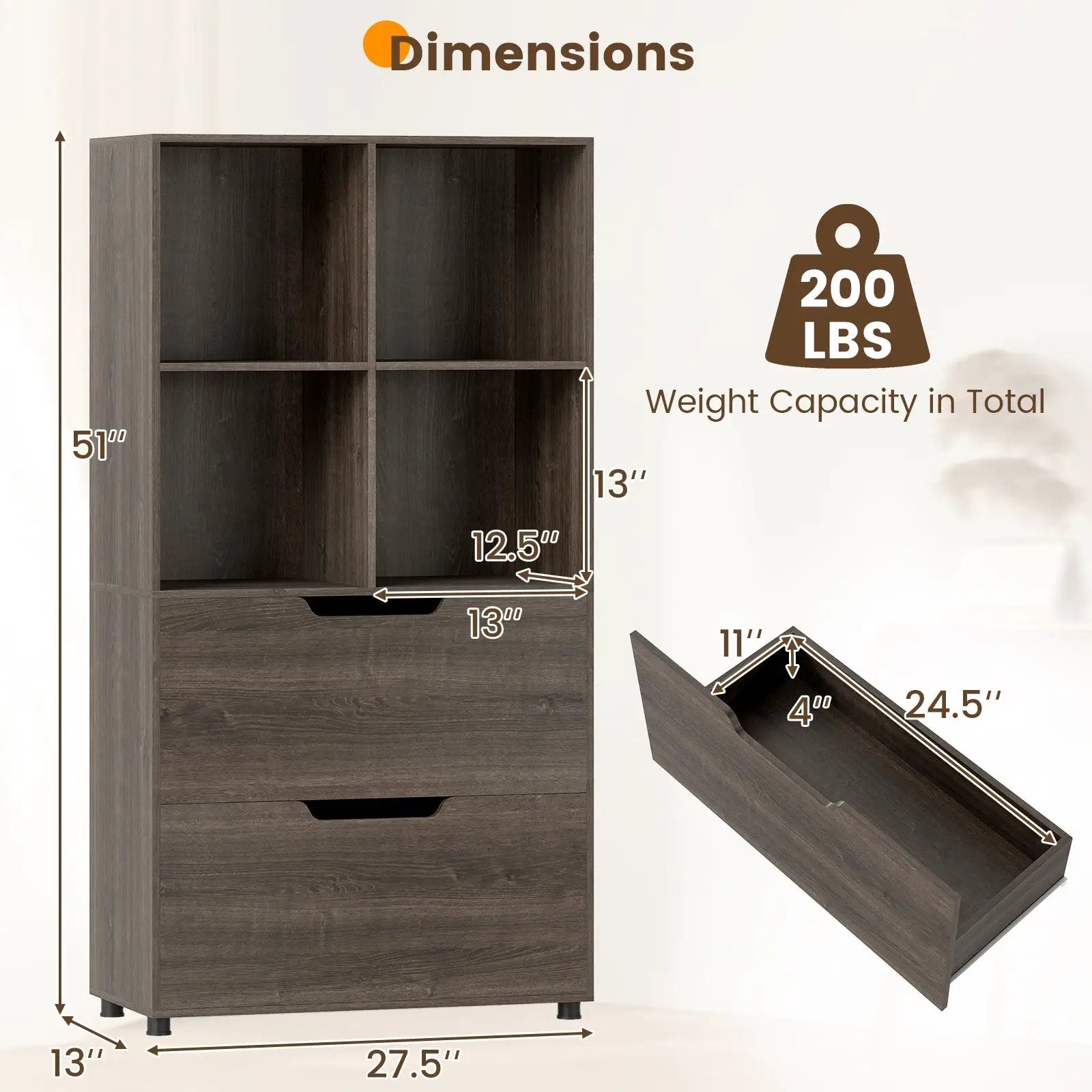 4-Cube Bookcase with 2 Drawers 51 inch 5-Tier Tall Freestanding Bookshelf by DirectDeals