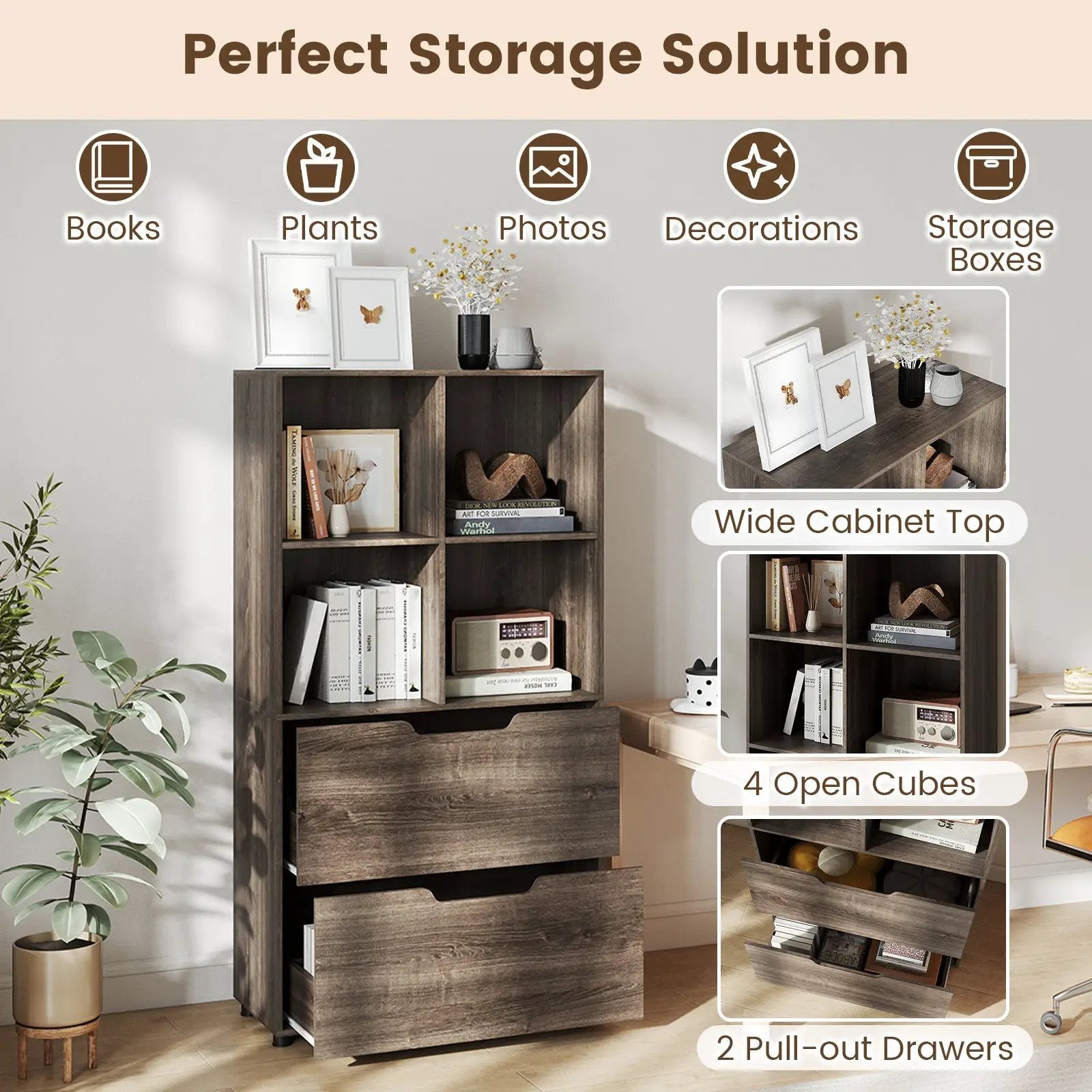 4-Cube Bookcase with 2 Drawers 51 inch 5-Tier Tall Freestanding Bookshelf by DirectDeals
