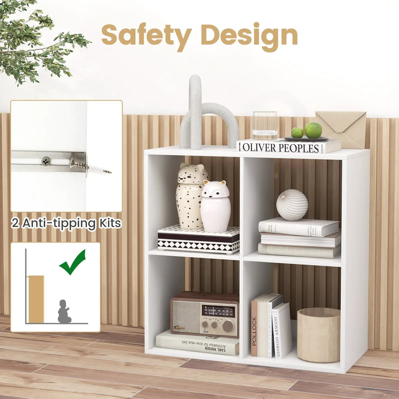 4 Cube Bookshelf with Back Guardrail for Living Room Bedroom by DirectDeals