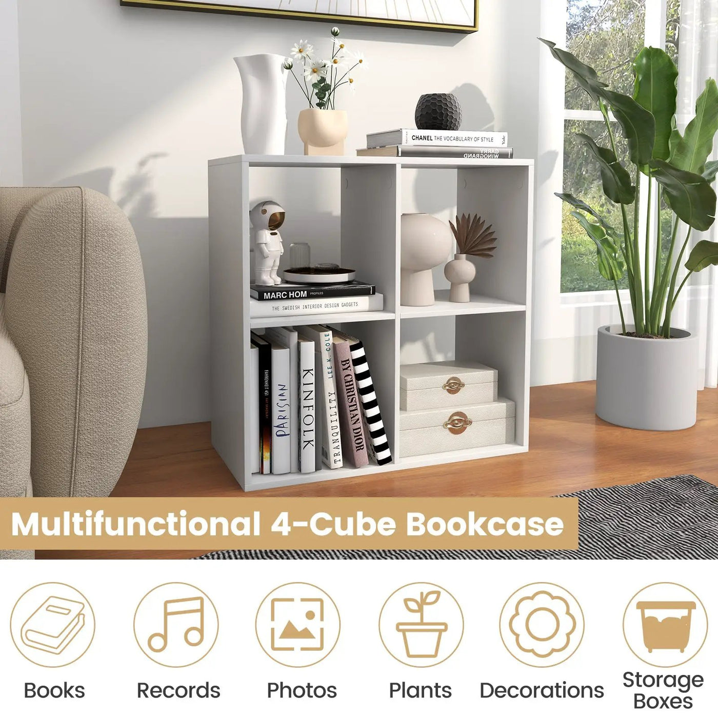 4 Cube Bookshelf with Back Guardrail for Living Room Bedroom by DirectDeals