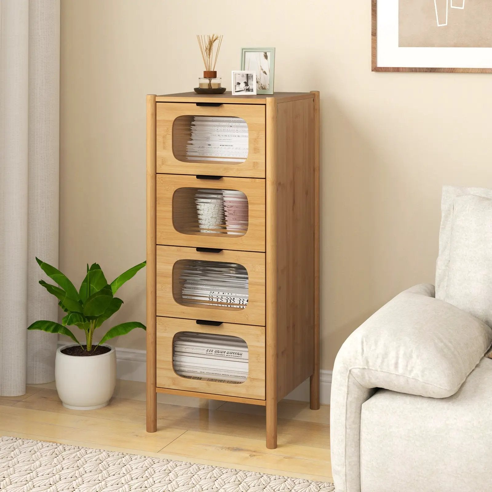 4-Drawer Dresser Bamboo Storage Cabinet with Fluted Tempered Glass Drawers-Natural by DirectDeals