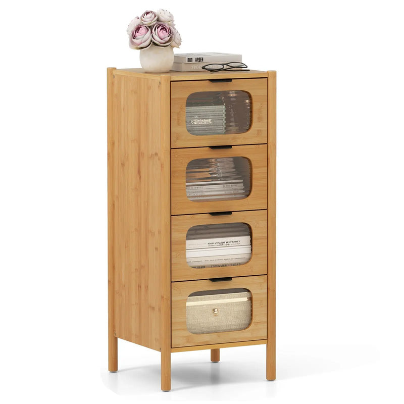 4-Drawer Dresser Bamboo Storage Cabinet with Fluted Tempered Glass Drawers-Natural by DirectDeals