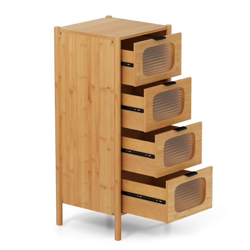 4-Drawer Dresser Bamboo Storage Cabinet with Fluted Tempered Glass Drawers-Natural by DirectDeals