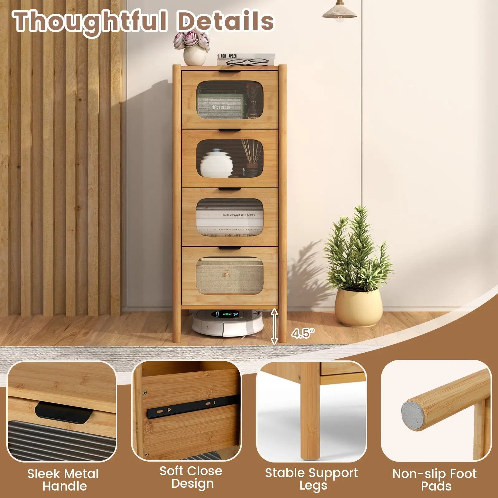 4-Drawer Dresser Bamboo Storage Cabinet with Fluted Tempered Glass Drawers-Natural by DirectDeals