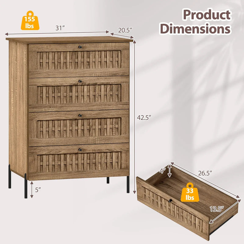 4-Drawer Dresser with Interlocking Mechanism and Metal Legs for Bedroom-Oak by DirectDeals