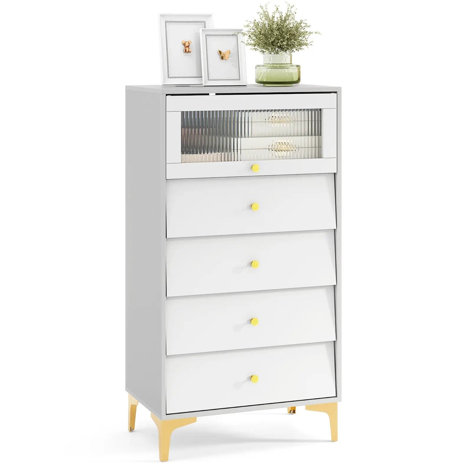 4 Drawer Modern Storage Cabinet with Flip Up Fluted Glass Door-Gray and White by DirectDeals