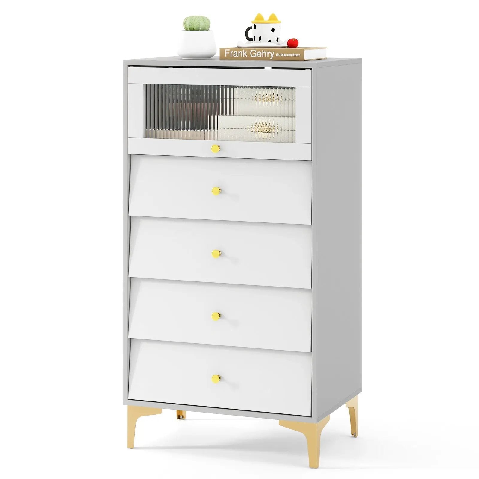 4 Drawer Modern Storage Cabinet with Flip Up Fluted Glass Door-Gray and White by DirectDeals