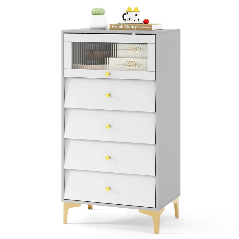 4 Drawer Modern Storage Cabinet with Flip Up Fluted Glass Door-Gray and White by DirectDeals