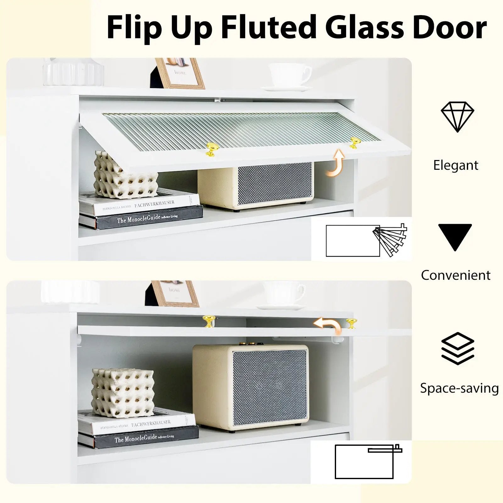 4 Drawer Modern Storage Cabinet with Flip Up Fluted Glass Door-Gray and White by DirectDeals