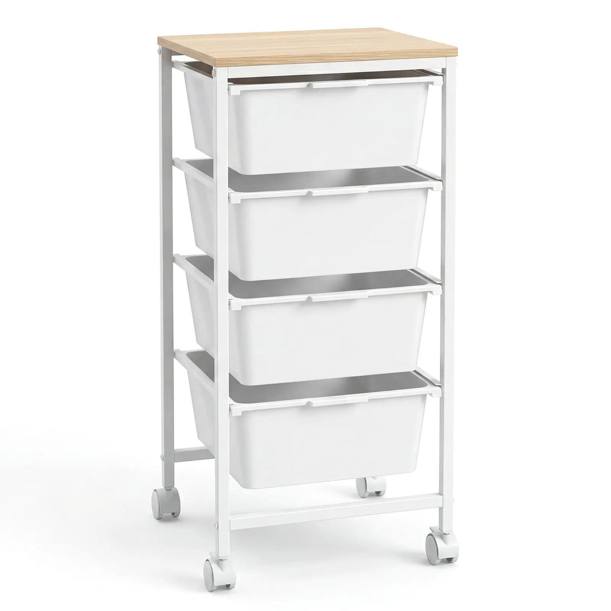 4-Drawer Rolling Storage Cart Mobile Utility Organizer with Wooden Tabletop and Lockable Wheels-White by DirectDeals