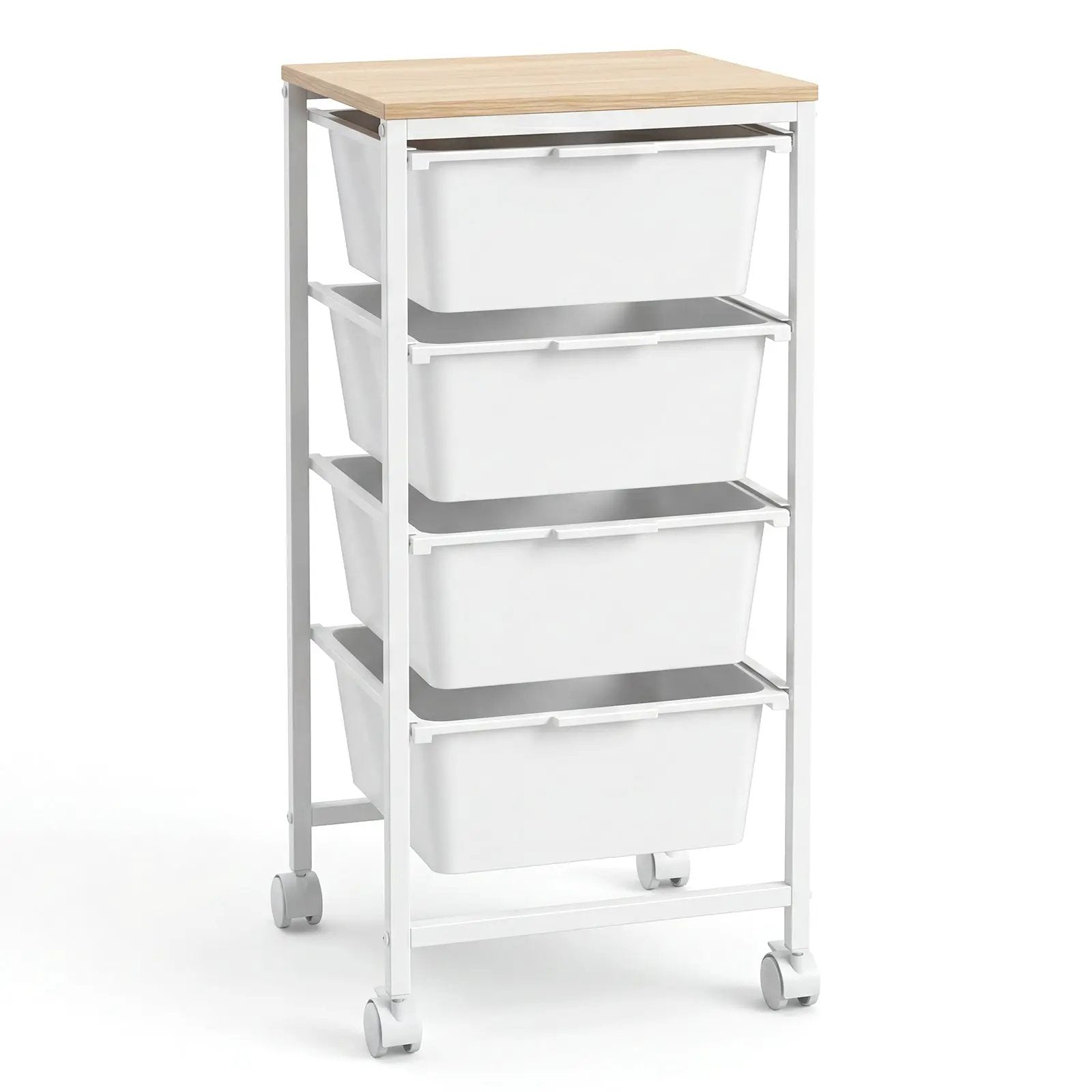 4-Drawer Rolling Storage Cart Mobile Utility Organizer with Wooden Tabletop and Lockable Wheels-White by DirectDeals