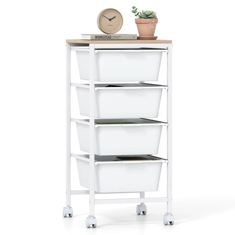 4-Drawer Rolling Storage Cart Mobile Utility Organizer with Wooden Tabletop and Lockable Wheels-White by DirectDeals