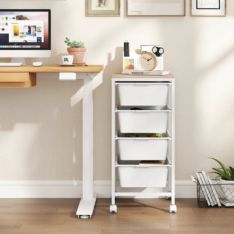 4-Drawer Rolling Storage Cart Mobile Utility Organizer with Wooden Tabletop and Lockable Wheels-White by DirectDeals