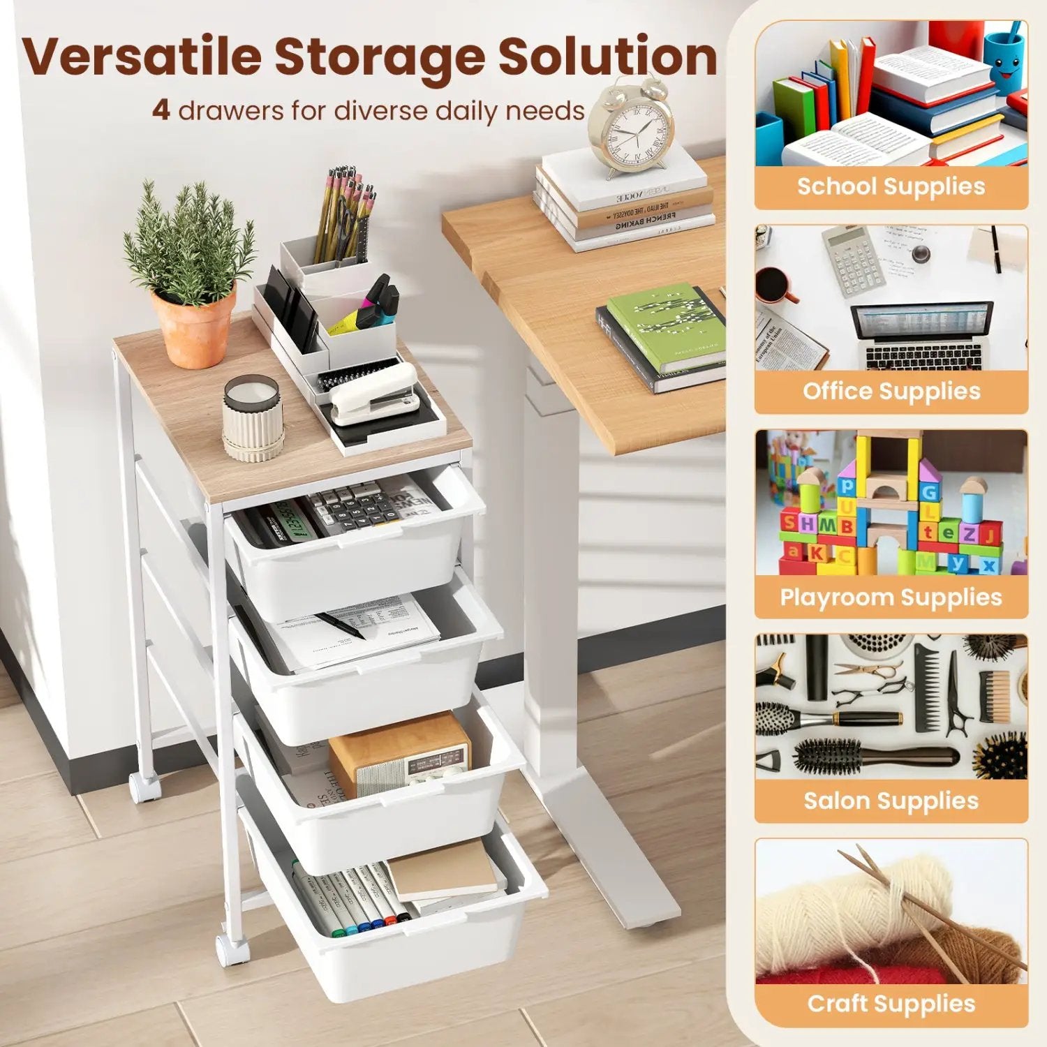 4-Drawer Rolling Storage Cart Mobile Utility Organizer with Wooden Tabletop and Lockable Wheels-White by DirectDeals