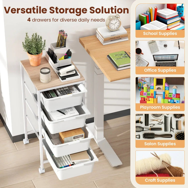 4-Drawer Rolling Storage Cart Mobile Utility Organizer with Wooden Tabletop and Lockable Wheels-White by DirectDeals