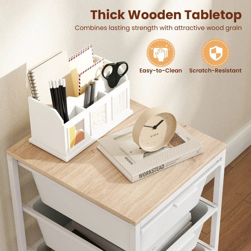 4-Drawer Rolling Storage Cart Mobile Utility Organizer with Wooden Tabletop and Lockable Wheels-White by DirectDeals