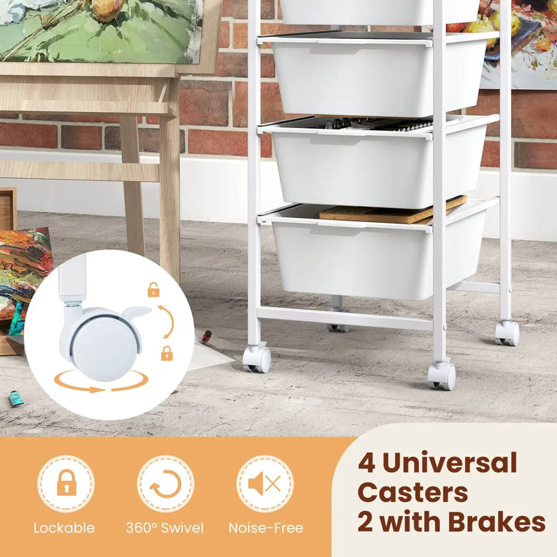 4-Drawer Rolling Storage Cart Mobile Utility Organizer with Wooden Tabletop and Lockable Wheels-White by DirectDeals