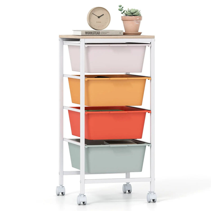 4-Drawer Rolling Storage Cart Mobile Utility Organizer with Wooden Tabletop and Lockable Wheels-White by DirectDeals