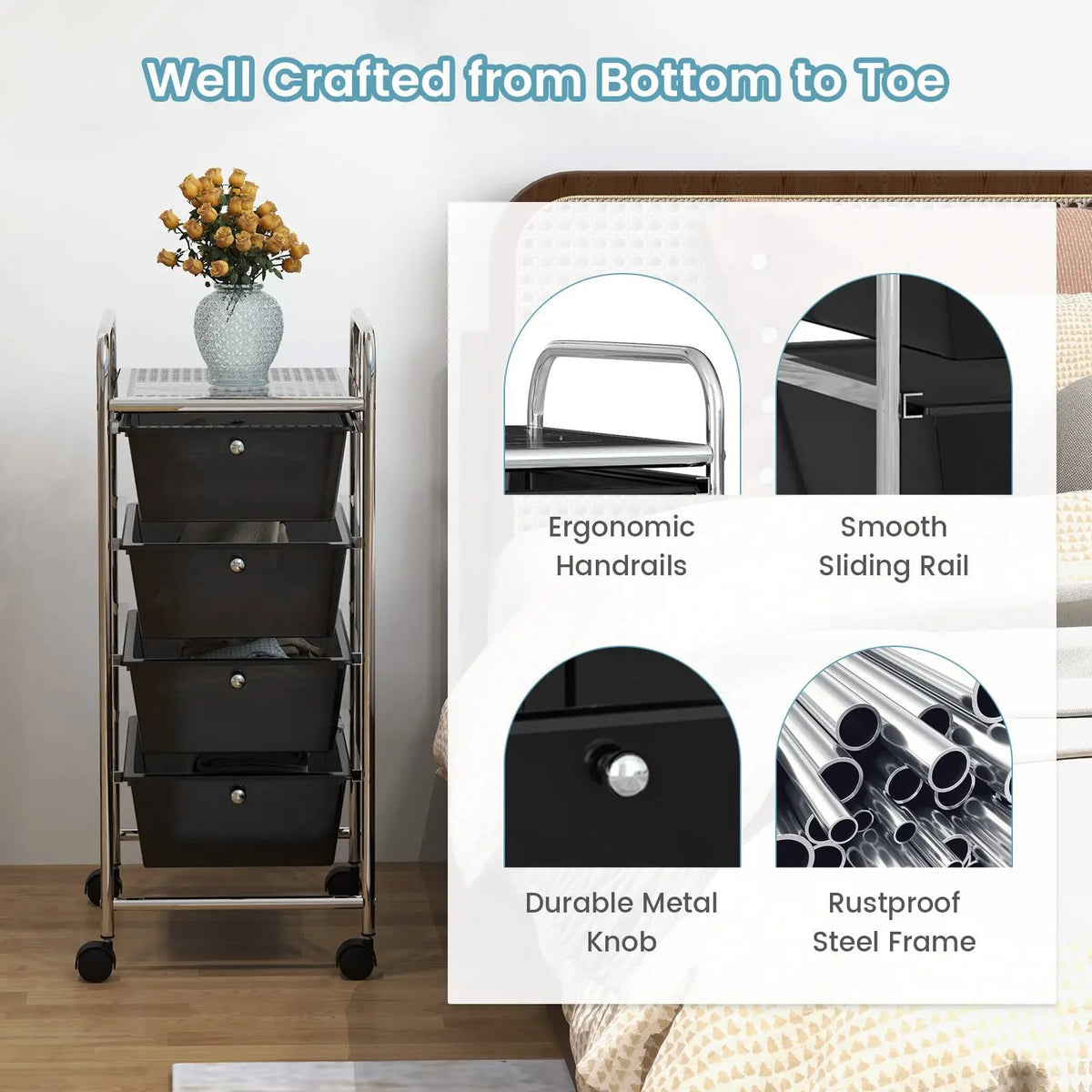 4-Drawer Cart Storage Bin Organizer Rolling with Plastic Drawers by DirectDeals