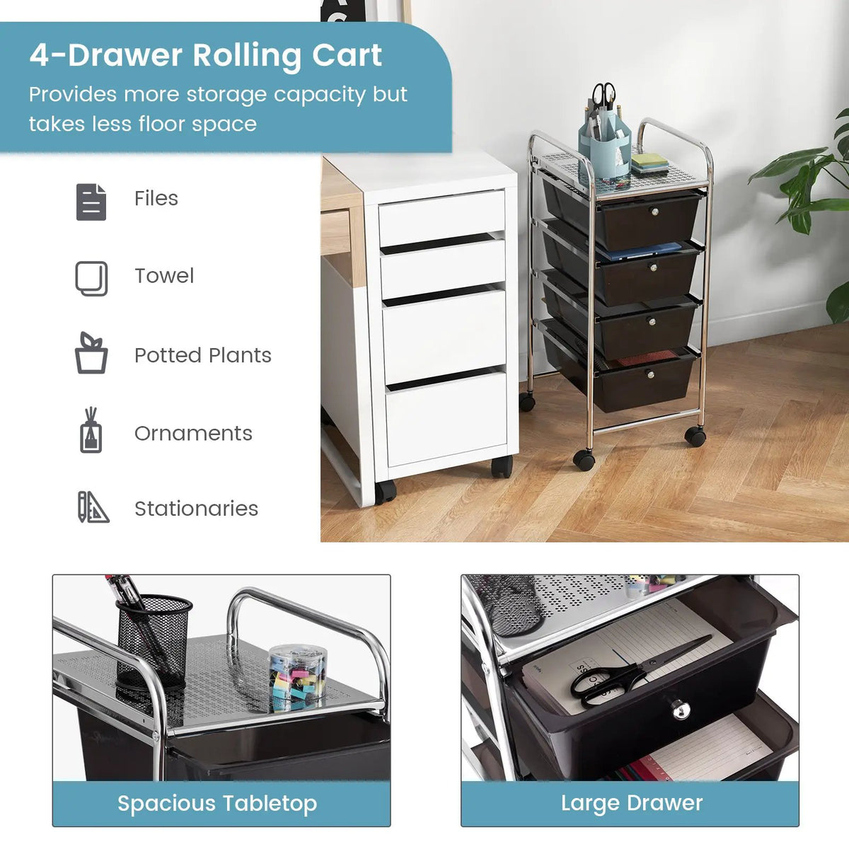 4-Drawer Cart Storage Bin Organizer Rolling with Plastic Drawers by DirectDeals