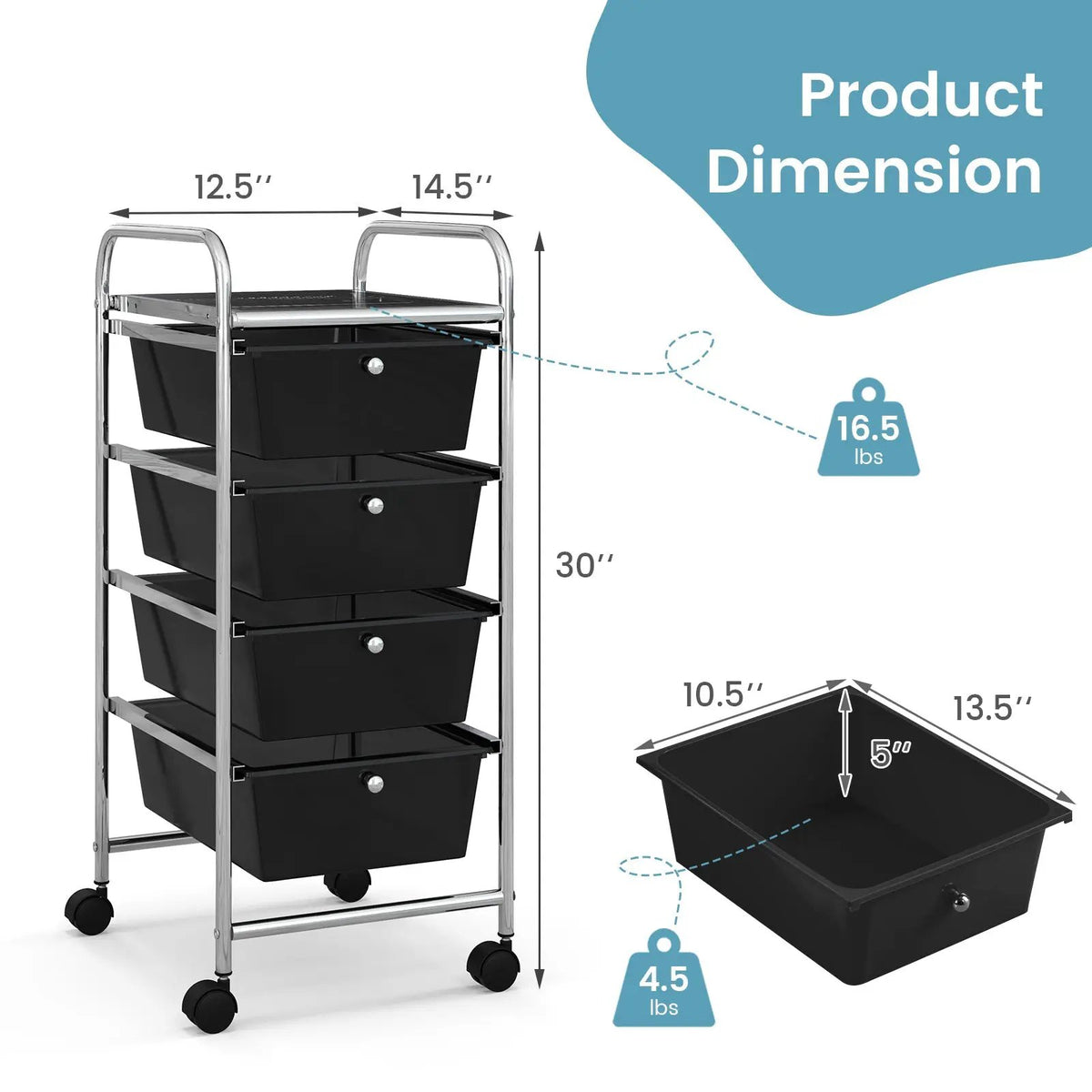 4-Drawer Cart Storage Bin Organizer Rolling with Plastic Drawers by DirectDeals
