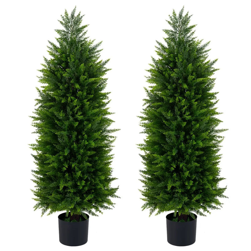 4 FT Artificial Topiary Tree Set of 2 Faux Cedar Cypress Plants in Cement-Filled Pots by DirectDeals