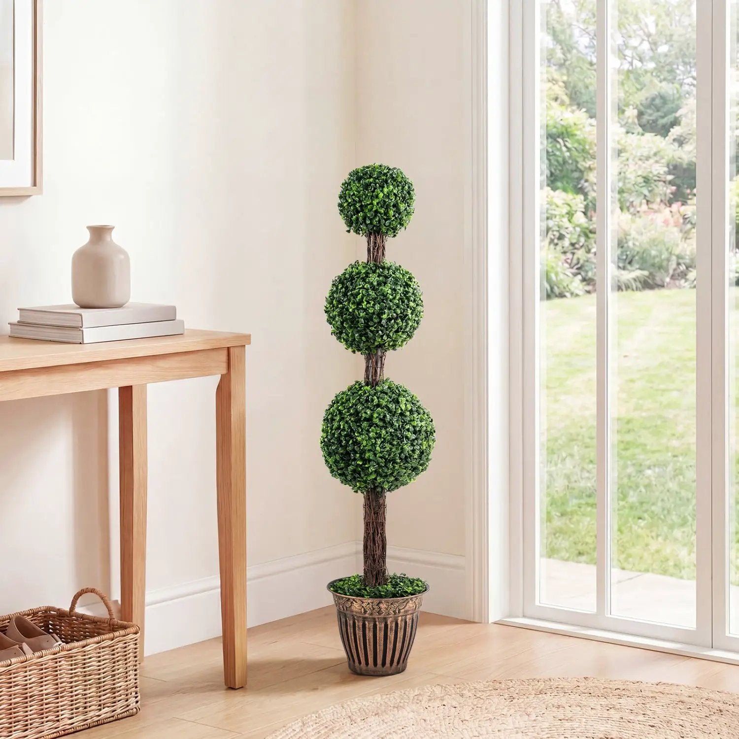 4 FT Artificial Triple Ball Boxwood Tree with Cement-filled Retro Planter by DirectDeals