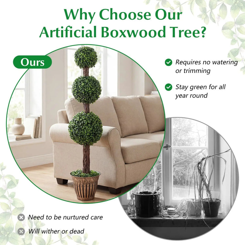 4 FT Artificial Triple Ball Boxwood Tree with Cement-filled Retro Planter by DirectDeals