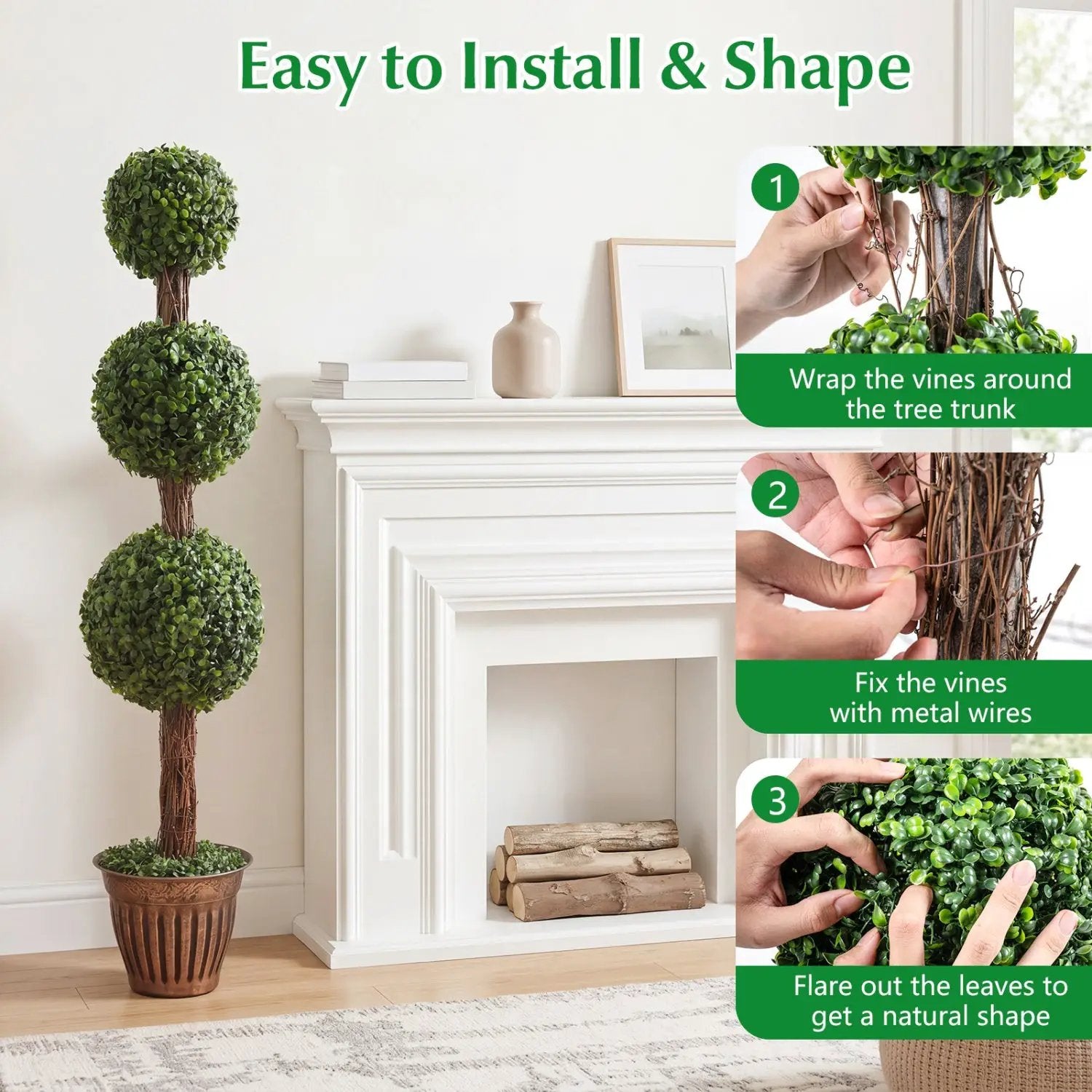 4 FT Artificial Triple Ball Boxwood Tree with Cement-filled Retro Planter by DirectDeals