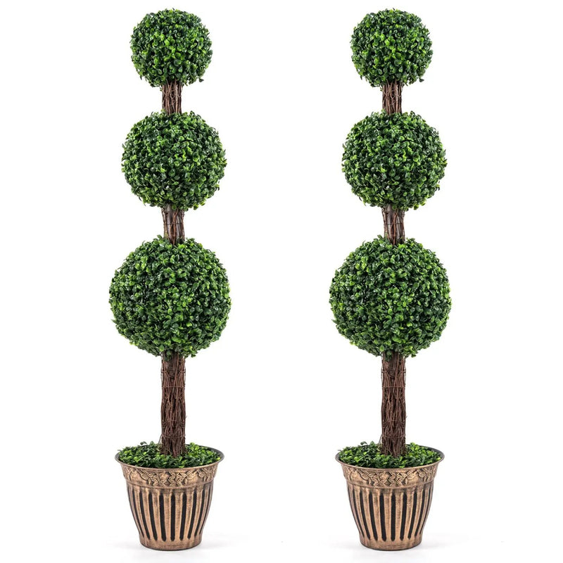 4 FT Artificial Triple Ball Boxwood Tree with Cement-filled Retro Planter Set of 2 by DirectDeals