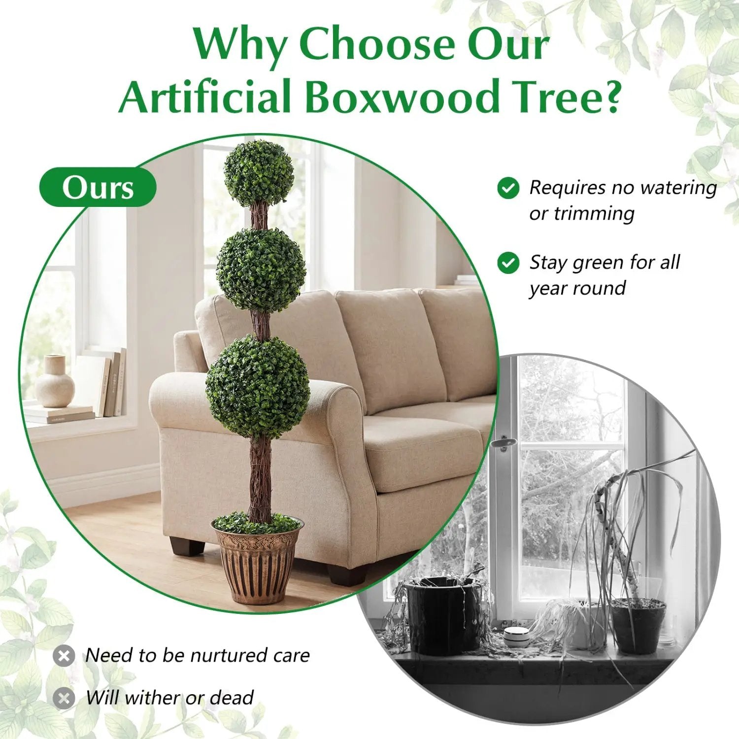 4 FT Artificial Triple Ball Boxwood Tree with Cement-filled Retro Planter Set of 2 by DirectDeals