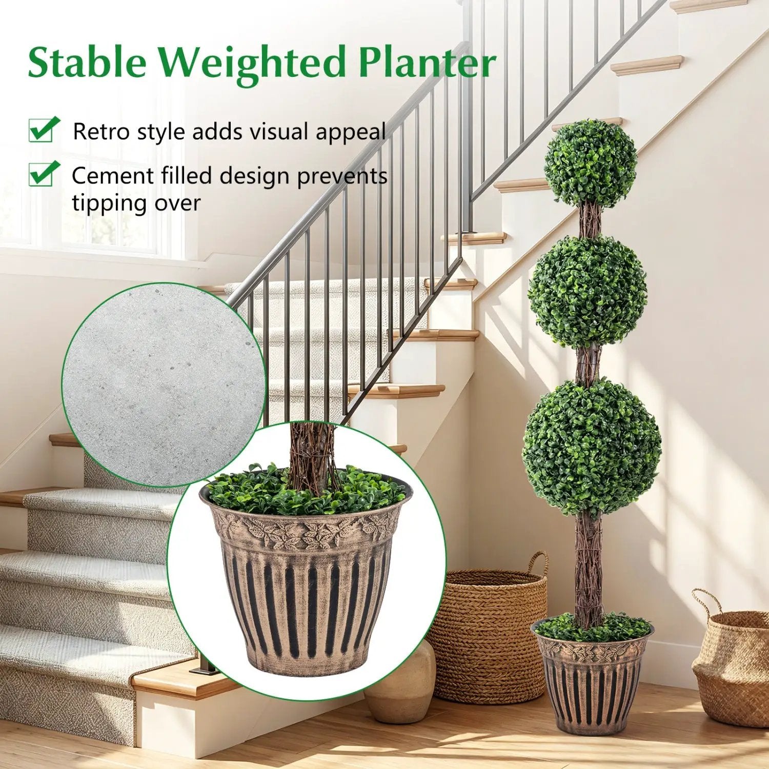 4 FT Artificial Triple Ball Boxwood Tree with Cement-filled Retro Planter Set of 2 by DirectDeals