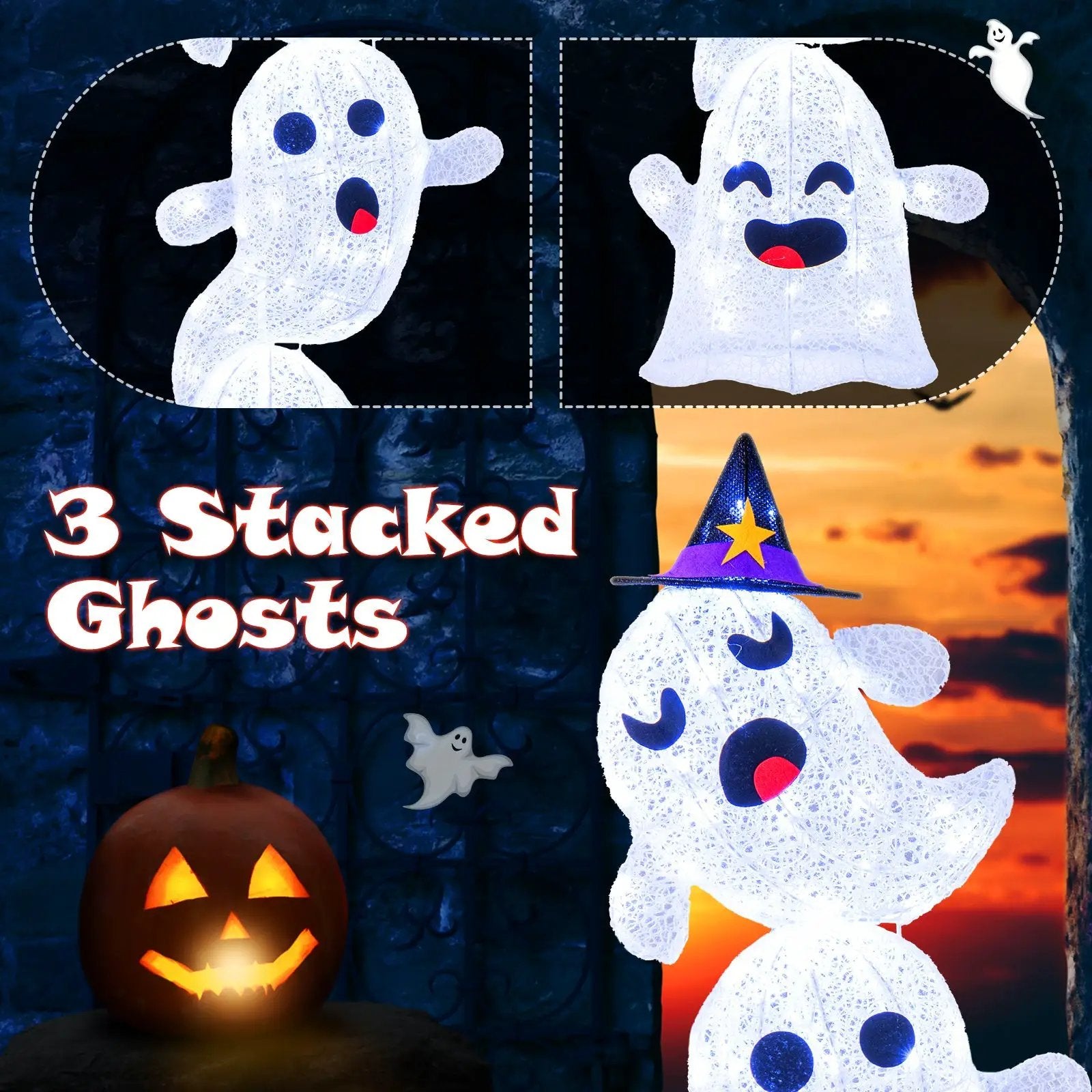 4 FT Lighted Standing Halloween Decoration Stacked Ghosts with 120 LED Lights by DirectDeals